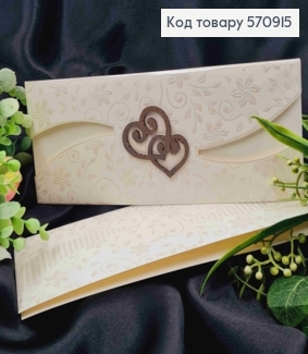Конверт цвета АИВОРИ, украшен тиснением Цветов + 2 Деревянные Сердца, 24*10см 570915 фото