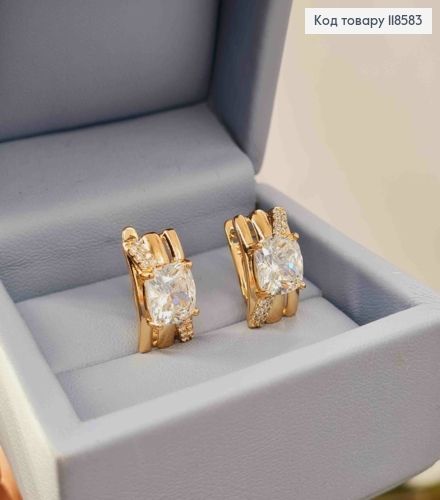 Серьги "Прямоугольные" с Большим Блестящим камнем, 1,6см, английская застежка, Xuping 18К 118583 фото 1