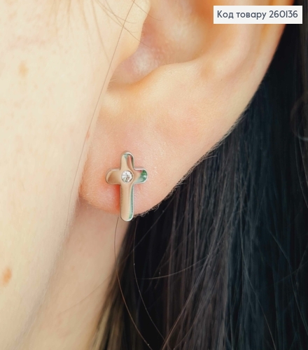 Серьги гвоздики, "Крестики" с Камешком, 1см, серебряного цвета, сталь Stainless Steel 260136 фото 2