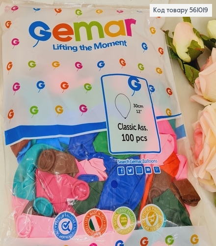 Воздушный шар латексный 12' Gemar цветной матовый (30 см), 100 шт 561019 фото 1