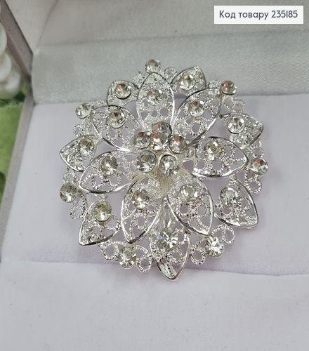 Брошка метал Цветок серебро с камушками 5х5см 235185 фото 2