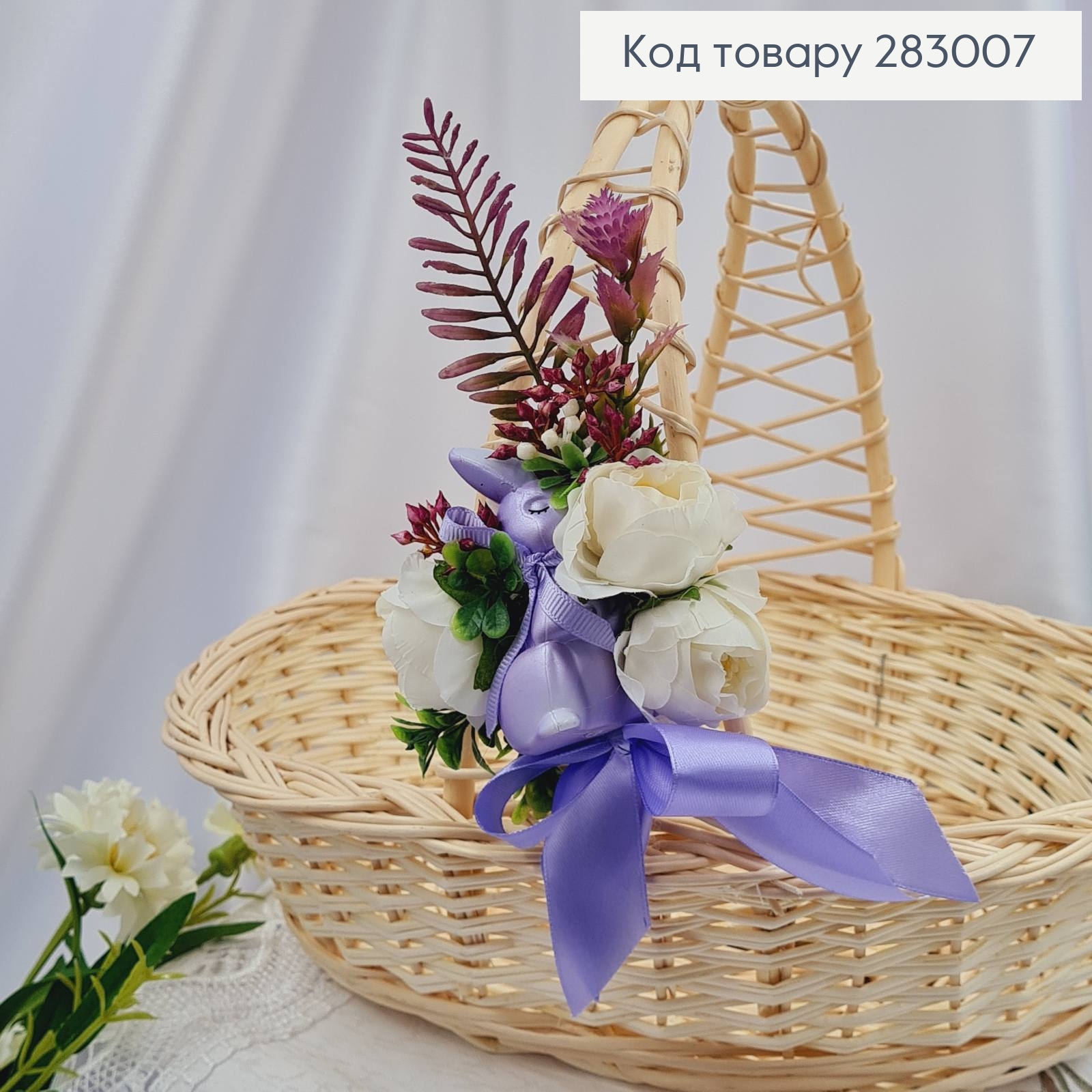 Повязка для корзины Сиреневая с зайкой и цветами, размер 10*14см, на завязках 283007 фото 2