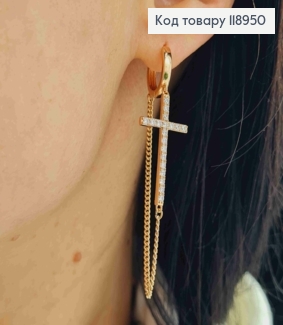 Серьги кольца с подвесным Крестиком (2,8см) в камешках и Цепочкой (4,5см), диам.1,4см, Xuping 18K 118950 фото