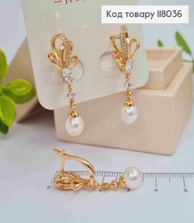 Серьги "Королевские" с камешками и жемчужиной, 3,3см, английская застежка, Xuping 18K 118036 фото
