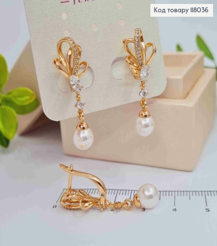 Серьги "Королевские" с камешками и жемчужиной, 3,3см, английская застежка, Xuping 18K 118036 фото 1