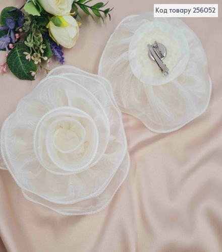 Брошь-заколка, объемная роза цвета АИВОРИ, 16см, ткань органза кристаллин, ручная работа 256052 фото 2