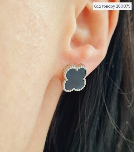 Серьги гвоздики, серебряного цвета, с черной эмалью, "Van Cleef", 1,3см, сталь Stainless Steel 260079 фото 2