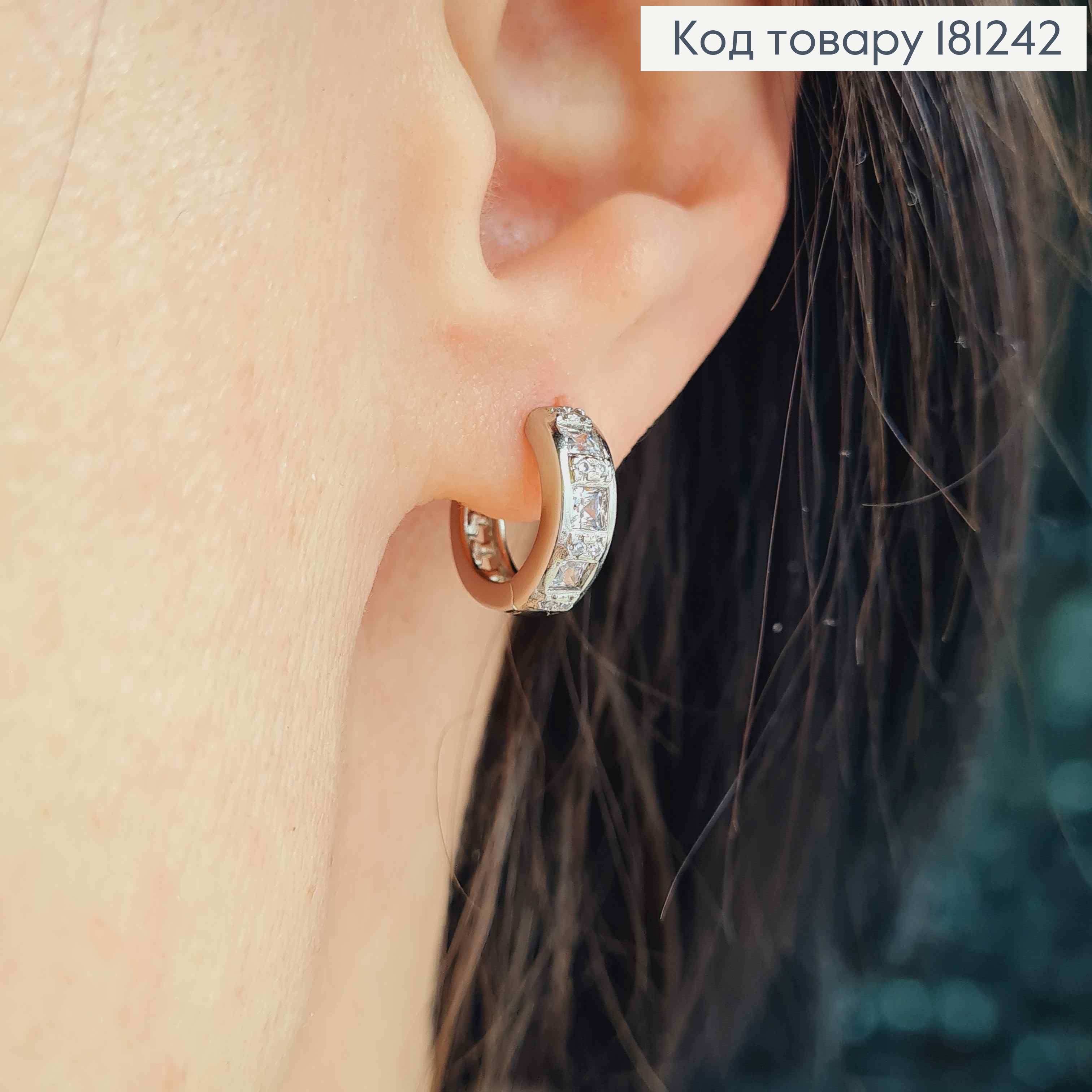 Сережки кільця родовані 1см, з квадратними камінцями в оправі, Xuping 181242 фото 2