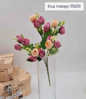 Композиция ЛИЛОВО-ПУДРОВАЯ "Букет мелких пионов Камелия с декором", высотой 30см, 15 головок 551251 фото