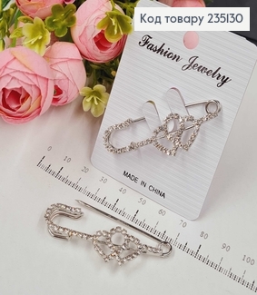 Брошка Шпилька "Два сердца" в камушках 5.5*2 см, серебряный цвет. 235130 фото