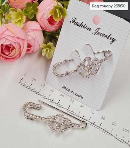 Брошка Шпилька "Два сердца" в камушках 5.5*2 см, серебряный цвет. 235130 фото 1