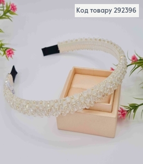 Обруч пластик, БІЛОГО кольору,  плетений Стеклярусом та Бісером, ширина 1,5см 292396 фото