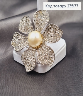 Брошка метал Цветок серебро с камушками  и жемчужиной 5х5см 235177 фото