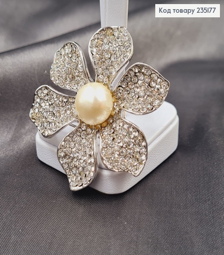 Брошка метал Цветок серебро с камушками  и жемчужиной 5х5см 235177 фото 1