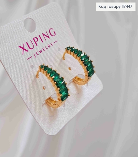 Серьги овальные, с камешками в один ряд Зеленого цвета, длина 1,9см, XUPING 18K 117447 фото 2
