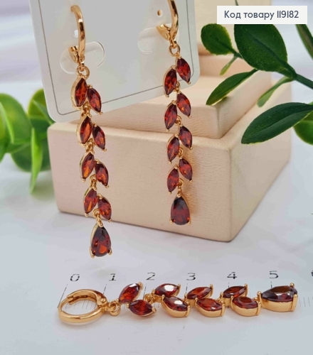 Серьги кольца (1,1см) с подвеской Веточка из Красных камешков (4,1см), Xuping 18K 119182 фото 2