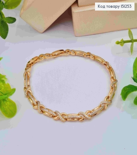 Браслет плетения прямоугольными и "Х" пластинами с блестящими камешками, длиной 17+2см, Xuping 18К. 151253 фото 1