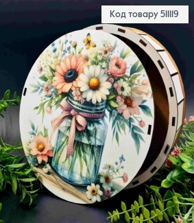 Подарочная деревянная коробка с принтом "Цветы", Круглая, диаметр 20см, высота 6см 511119 фото