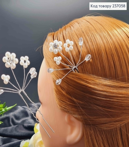 Заколка шпилька-рогач з Квіткою, з бусинками та камінцями, 6+4см 237058 фото 1