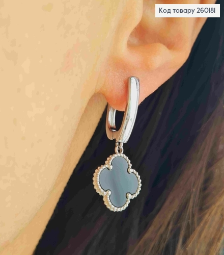 Сережки срібного кольору, з підвіскою Van Cleef з Чорною емаллю, 1,8+1,2см, Stainless Steel 260181 фото 2