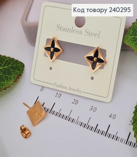 Серьги гвозди золотой цвет с черным камнем медицинская сталь Stainless Steel 240295 фото