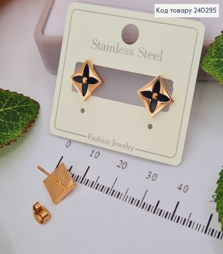 Серьги гвозди золотой цвет с черным камнем медицинская сталь Stainless Steel 240295 фото 1