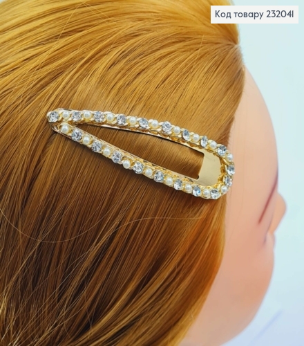 Заколка Тік-Так, золотого кольору, В камінцях та перлинках, 8см 232041 фото 1