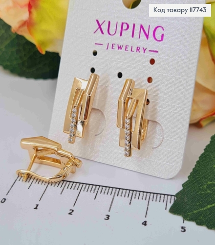 Серьги "Грань" украшены камешками в один ряд, 2см, английская застежка, XUPING 18K 117743 фото 1