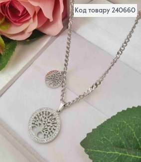 Цепочка серебряного цвета, с подвеской "Дерево Жизни" с камешками(2см), 40+5см,сталь Stainless Steel 240660 фото