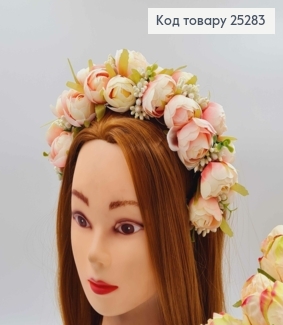 Обруч - віночок ТРОЯНДИ омбре (айворі+рожевий) основа - метал, ручна робота, Україна 25283 фото