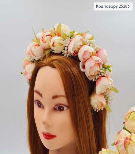 Обруч - венчик Розы омбре (айвори+розовый) основа - металл, ручная работа, Украина 25283 фото 1