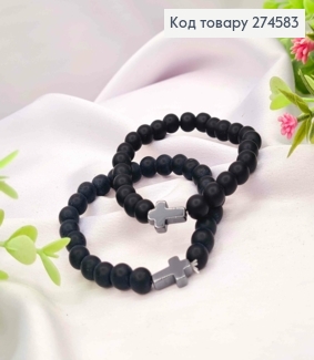 Браслет на резинці з Чорних бусин та з Хрестиком 274583 фото
