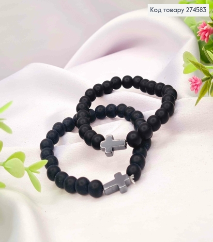 Браслет на резинці з Чорних бусин та з Хрестиком 274583 фото 1