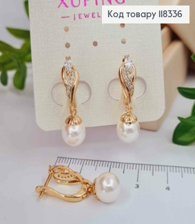 Сережки "МРІЯ" прикрашені камінцями та Перлинкою, 1,6+1,2см, англійська застібка, XUPING 18K 118336 фото