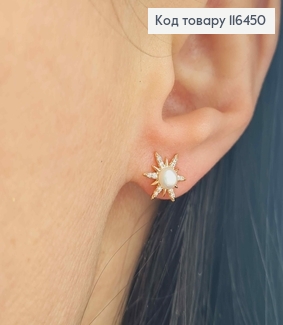 Серьги гвоздики, Звездочка в камнях, с жемчужиной, 1см, Xuping 18К 116450 фото