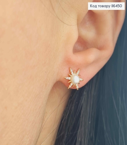 Серьги гвоздики, Звездочка в камнях, с жемчужиной, 1см, Xuping 18К 116450 фото 1