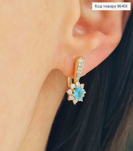 Серьги английская застежка, "Цветущий Нарцисс" с голубым камешком, 1,6см, Xuping 18K 116401 фото 2