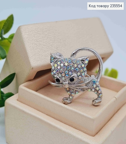 Брошка  "Котик" прикрашена Блискучими камінцями Хамелеон, Срібного кольору, 3,2*2,7см 235554 фото 1
