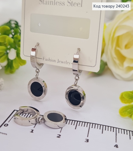 Серёжки кольца 1.2 см Римские часы с чёрной эмалью, цвет серебряные, Stainless Steel 240243 фото 1
