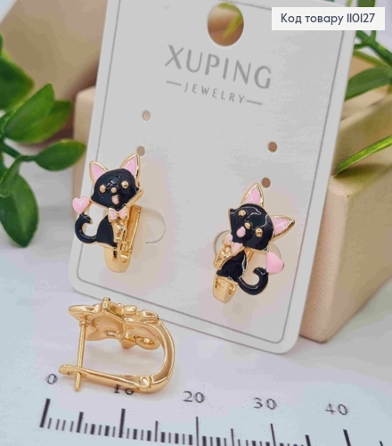 Сережки "Кошенятко" з Чорною та Рожевою емаллю, 1,6см, англ. застібка,  XUPING 18К 110127 фото 2