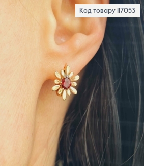 Сережки кільця 1см, Квіточка з бордовим камінчиком, 1см, Xuping 18K 117053 фото