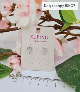 Серьги родованные гвоздики, СЕРДЕЧКО с блестящим камнем, 6мм, Xuping 181407 фото