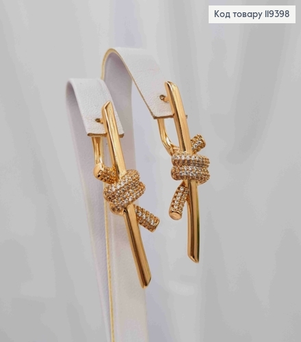 Серьги с узелком в Блестящих камнях, 3,9см, английская застежка, Xuping 18К 119398 фото 1