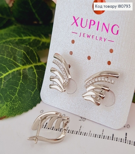 Сережки родированые "Линии" с камнями (англ.застежка), 1,5*1,3см, Xuping 180793 фото 1