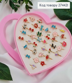 Набір колечок (36шт) "Кольорові ФІГУРКИ" в асортим.  в коробочці- сердечку 274421 фото