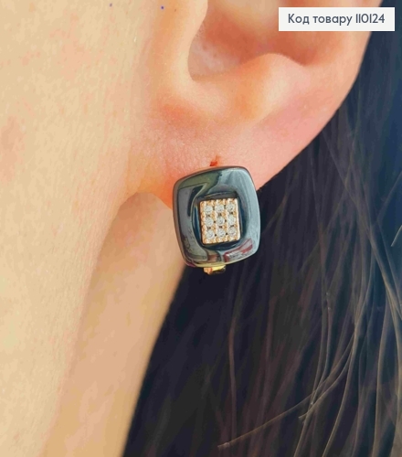 Серьги украшены Черной эмалью и Блестящими камешками, длина 1см, англ. застежка, XUPING 18К 110124 фото 3