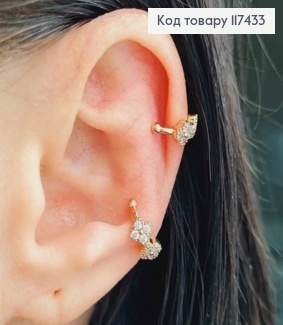 Серьги кафы на хрящик уха, два четырехлистника в камнях, 2шт, XUPING 18K 117433 фото