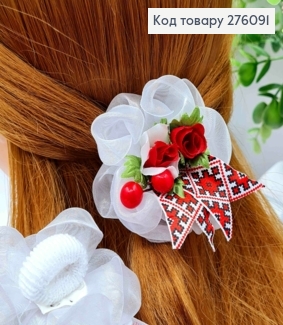 Бант БЕЛЫЙ с цветами и красной вышивкой, на резинке, ткань органза+репс, разм. 7см,ручная работа 276091 фото