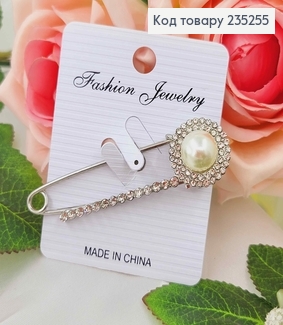 Брошь металл, Булавка серебряного цвета, с большой жемчужиной, с камнями, 7см 235255 фото