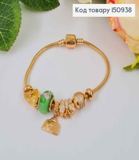 Браслет "Пандора" с зеленым шармиком с розами и розовой бабочкой, длиной 18см. Xuping 18К 150938 фото